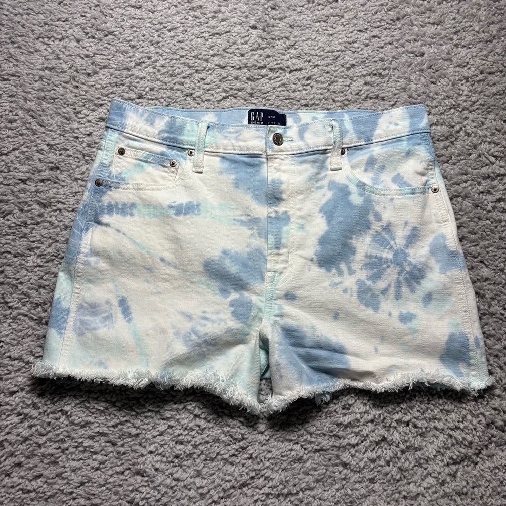 Gap Shorts Womens 12 High Rise Stretch Tie Dye Cut Offs Frayed Raw Hem Blue Sky